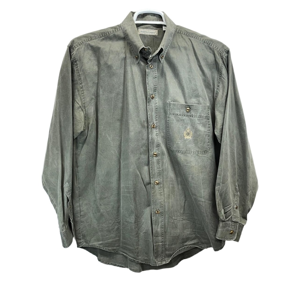 Bugle Boy Co Mens Green Washed Vintage Camp Logo Cotton Button Up Shirt‎ Medium